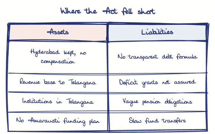 Hand-drawn diagram: Where the Act fell short. Where the Act fell short. Comparison of Assets and Liabilities