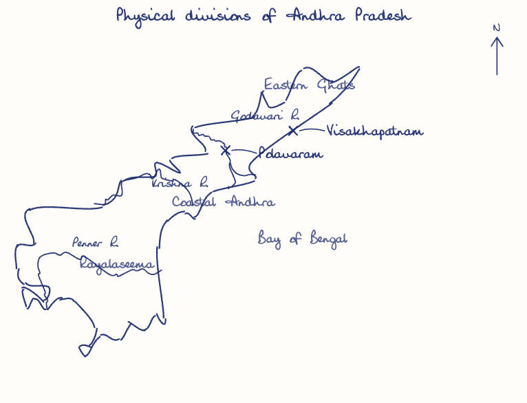 Hand-drawn map: Physical divisions of Andhra Pradesh. Marked: Visakhapatnam, Polavaram. Rivers: Godavari, Krishna, Penner.
