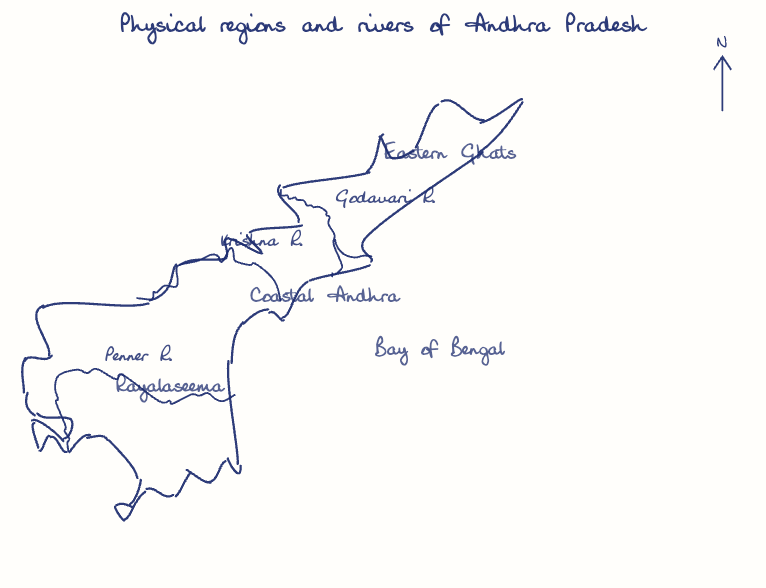 Hand-drawn map: Physical regions and rivers of Andhra Pradesh. Marked: . Rivers: Godavari, Krishna, Penner.
