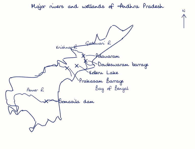 Hand-drawn map: Major rivers and wetlands of Andhra Pradesh. Marked: Polavaram, Dowleswaram barrage, Prakasam Barrage, Kolleru Lake, Somasila dam. Rivers: Godavari, Krishna, Penner.