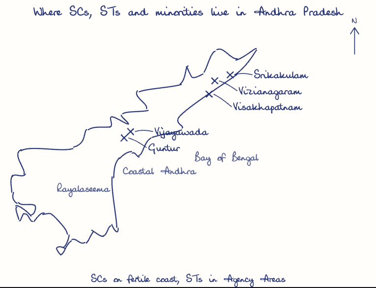 Hand-drawn map: Where SCs, STs and minorities live in Andhra Pradesh. Marked: Guntur, Vizianagaram, Srikakulam, Visakhapatnam, Vijayawada.