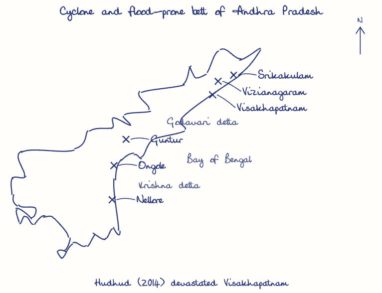 Hand-drawn map: Cyclone and flood-prone belt of Andhra Pradesh. Marked: Srikakulam, Vizianagaram, Visakhapatnam, Guntur, Ongole, Nellore.