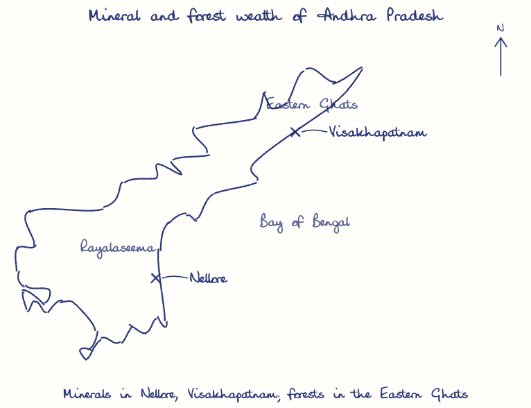 Hand-drawn map: Mineral and forest wealth of Andhra Pradesh. Marked: Nellore, Visakhapatnam.