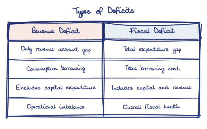 Hand-drawn diagram: Types of Deficits. Types of Deficits. Comparison of Revenue Deficit and Fiscal Deficit