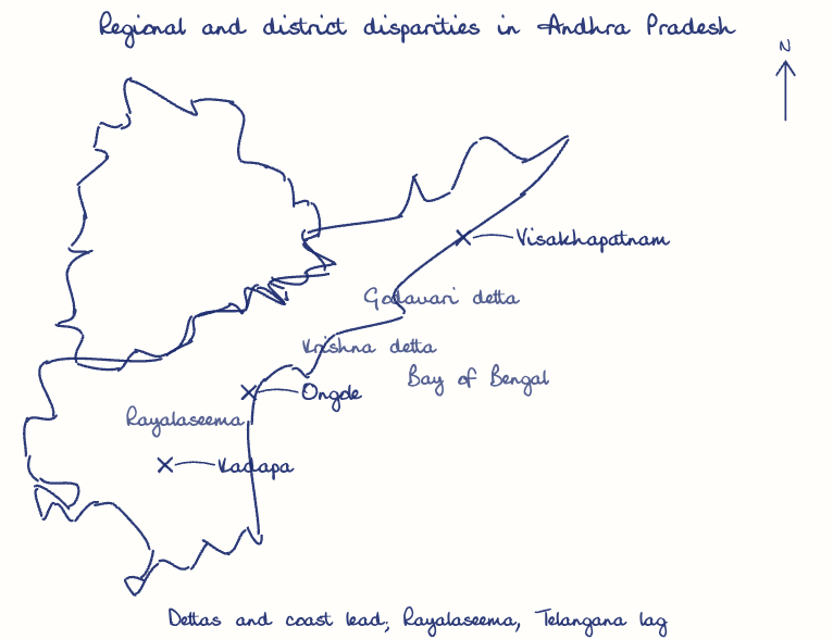 Hand-drawn map: Regional and district disparities in Andhra Pradesh. Marked: Visakhapatnam, Kadapa, Ongole.