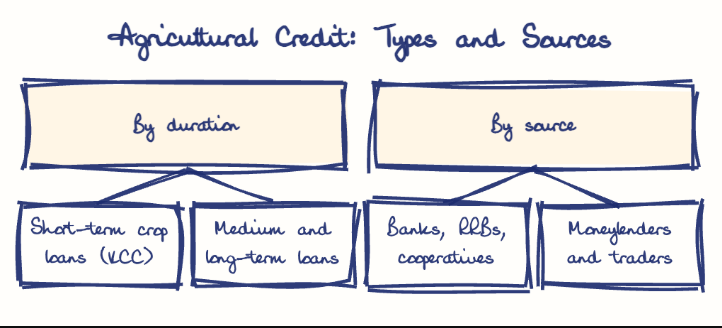 Hand-drawn diagram: Agricultural Credit: Types and Sources. Agricultural Credit: Types and Sources. Diagram (tree): Agricultural Credit: Types and Sources; By duration; Short-term crop loans (KCC); Medium and long-term loans; By source; Banks, RRBs, cooperatives; Moneylenders and traders