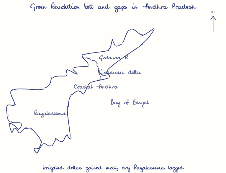 Hand-drawn map: Green Revolution belt and gaps in Andhra Pradesh. Marked: . Rivers: Godavari.