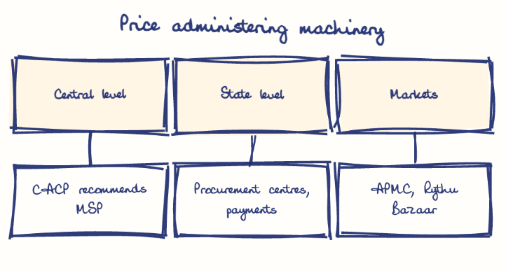 Hand-drawn diagram: Price administering machinery. Price administering machinery. Diagram (tree): Price administering machinery; Central level; CACP recommends MSP; State level; Procurement centres, payments; Markets; APMC, Rythu Bazaar