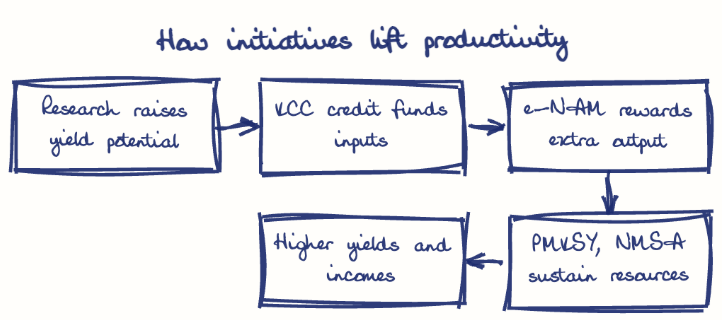 Hand-drawn diagram: How initiatives lift productivity. How initiatives lift productivity. Flow: Research raises yield potential → KCC credit funds inputs → e-NAM rewards extra output → PMKSY, NMSA sustain resources → Higher yields and incomes
