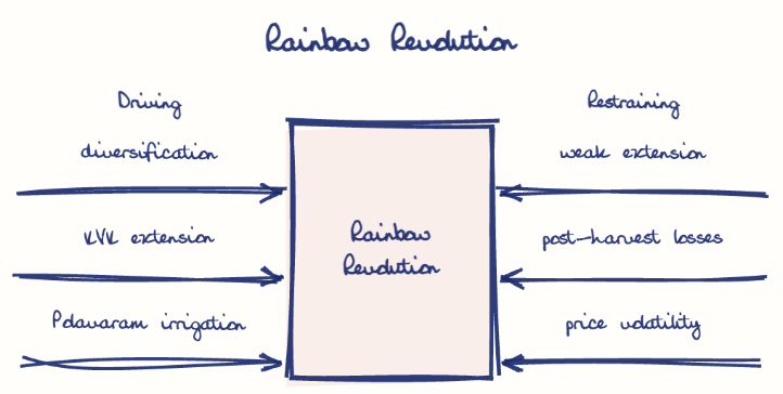 Hand-drawn diagram: Rainbow Revolution. Rainbow Revolution. Diagram (forcefield): Rainbow Revolution; Rainbow Revolution; diversification; KVK extension; Polavaram irrigation; weak extension; post-harvest losses; price volatility
