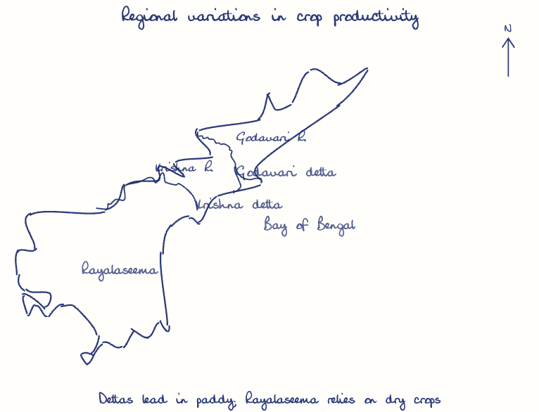 Hand-drawn map: Regional variations in crop productivity. Marked: . Rivers: Krishna, Godavari.