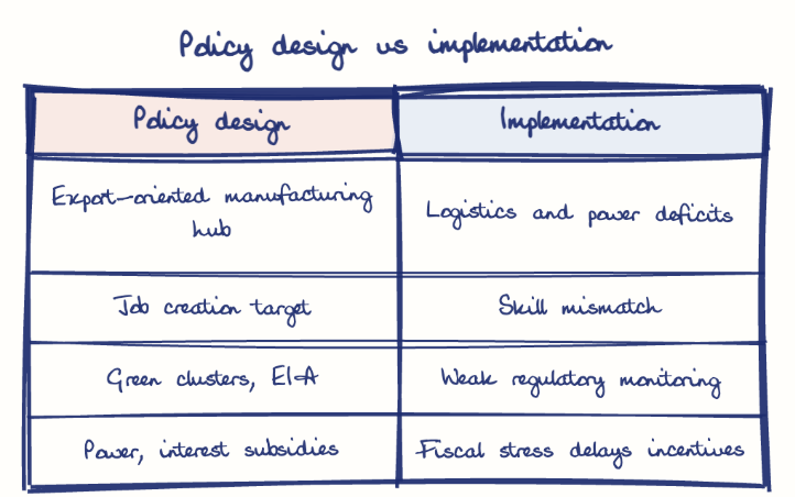 Hand-drawn diagram: Policy design vs implementation. Policy design vs implementation. Comparison of Policy design and Implementation