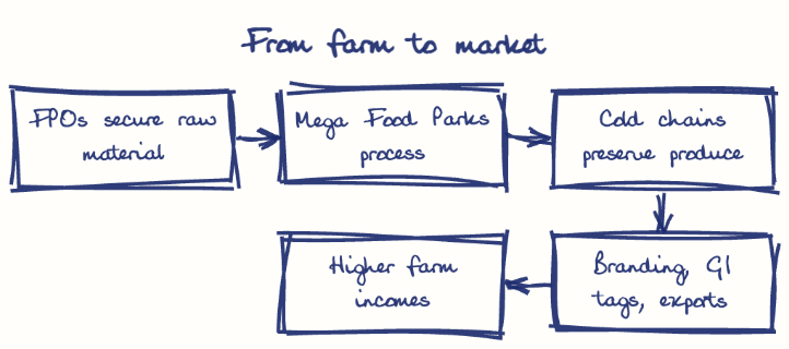 Hand-drawn diagram: From farm to market. From farm to market. Flow: FPOs secure raw material → Mega Food Parks process → Cold chains preserve produce → Branding, GI tags, exports → Higher farm incomes