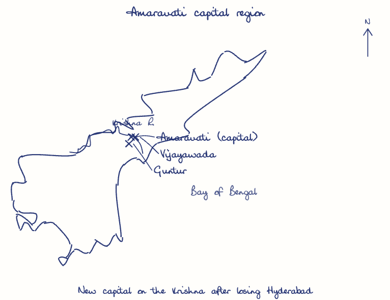 Hand-drawn map: Amaravati capital region. Marked: Amaravati (capital), Vijayawada, Guntur. Rivers: Krishna.