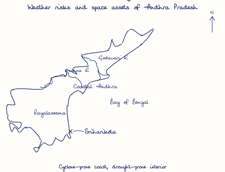 Hand-drawn map: Weather risks and space assets of Andhra Pradesh. Marked: Sriharikota. Rivers: Krishna, Godavari.