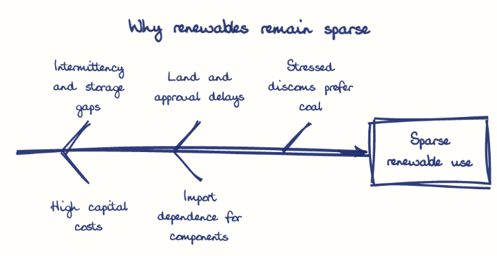 Hand-drawn diagram: Why renewables remain sparse. Why renewables remain sparse. Diagram (fishbone): Why renewables remain sparse; Sparse renewable use; Intermittency and storage gaps; High capital costs; Land and approval delays; Import dependence for components; Stressed discoms prefer coal