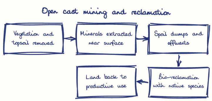 Hand-drawn diagram: Open cast mining and reclamation. Open cast mining and reclamation. Flow: Vegetation and topsoil removed → Minerals extracted near surface → Spoil dumps and effluents → Bio-reclamation with native species → Land back to productive use