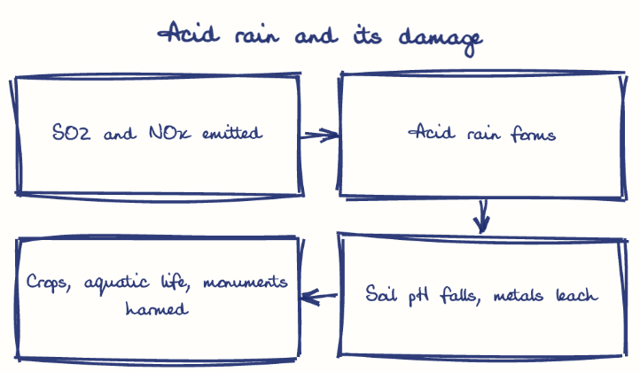 Hand-drawn diagram: Acid rain and its damage. Acid rain and its damage. Flow: SO2 and NOx emitted → Acid rain forms → Soil pH falls, metals leach → Crops, aquatic life, monuments harmed