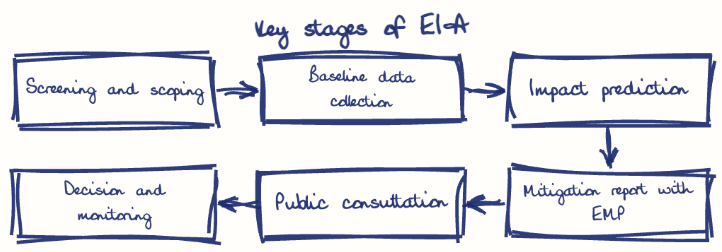 Hand-drawn diagram: Key stages of EIA. Key stages of EIA. Flow: Screening and scoping → Baseline data collection → Impact prediction → Mitigation report with EMP → Public consultation → Decision and monitoring