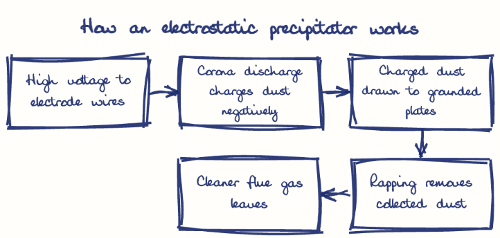 Hand-drawn diagram: How an electrostatic precipitator works. How an electrostatic precipitator works. Flow: High voltage to electrode wires → Corona discharge charges dust negatively → Charged dust drawn to grounded plates → Rapping removes collected dust → Cleaner flue gas leaves