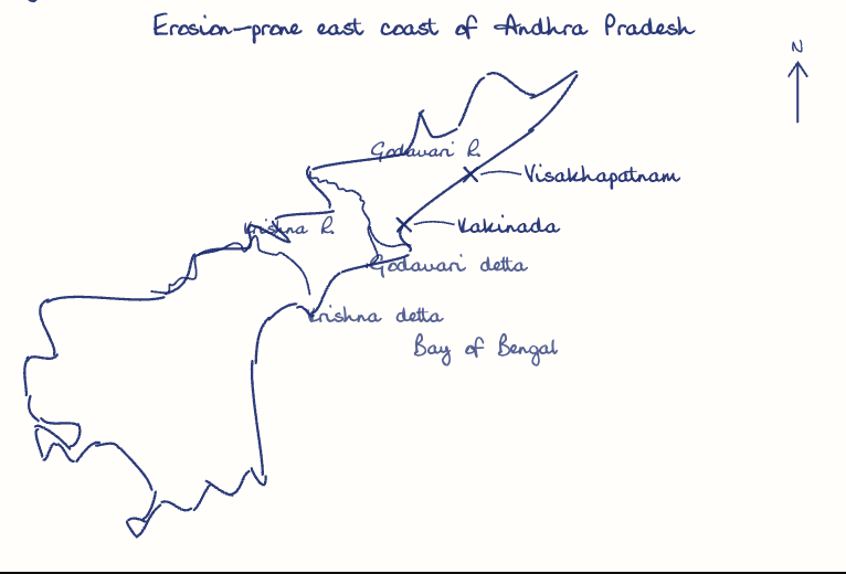 Hand-drawn map: Erosion-prone east coast of Andhra Pradesh. Marked: Visakhapatnam, Kakinada. Rivers: Godavari, Krishna.