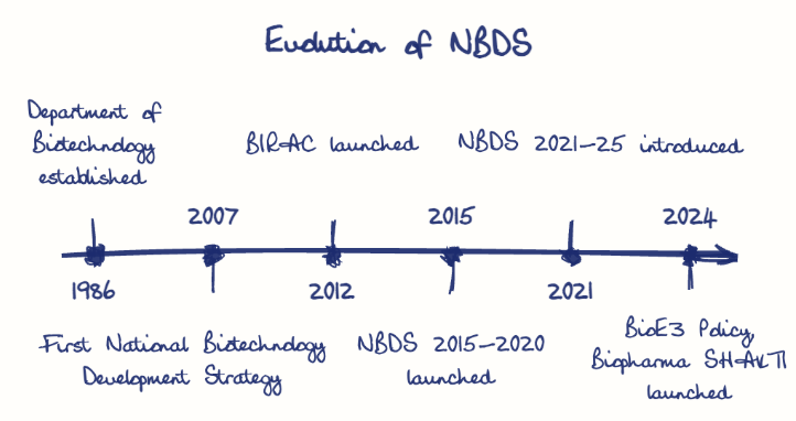 Hand-drawn diagram: Evolution of NBDS. Evolution of NBDS. Diagram (timeline): Evolution of NBDS; 1986; Department of Biotechnology established; 2007; First National Biotechnology Development Strategy; 2012; BIRAC launched; 2015; NBDS 2015-2020 launched; 2021; NBDS 2021-25 introduced; 2024