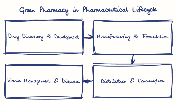 Hand-drawn diagram: Green Pharmacy in Pharmaceutical Lifecycle. Green Pharmacy in Pharmaceutical Lifecycle. Flow: Drug Discovery & Development → Manufacturing & Formulation → Distribution & Consumption → Waste Management & Disposal