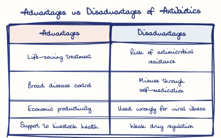 Hand-drawn diagram: Advantages vs Disadvantages of Antibiotics. Advantages vs Disadvantages of Antibiotics. Comparison of Advantages and Disadvantages