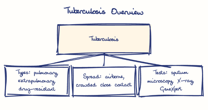 Hand-drawn diagram: Tuberculosis Overview. Tuberculosis Overview. Diagram (tree): Tuberculosis Overview; Tuberculosis; Types: pulmonary, extrapulmonary, drug-resistant; Spread: airborne, crowded close contact; Tests: sputum microscopy, X-ray, GeneXpert