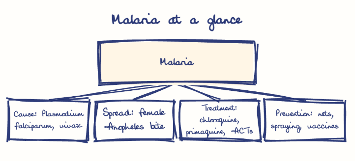 Hand-drawn diagram: Malaria at a glance. Malaria at a glance. Diagram (tree): Malaria at a glance; Malaria; Cause: Plasmodium falciparum, vivax; Spread: female Anopheles bite; Treatment: chloroquine, primaquine, ACTs; Prevention: nets, spraying, vaccines