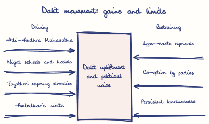 Hand-drawn diagram: Dalit movement: gains and limits. Dalit movement: gains and limits. Diagram (forcefield): Dalit movement: gains and limits; Dalit upliftment and political voice; Adi-Andhra Mahasabha; Night schools and hostels; Jayabheri exposing atrocities; Ambedkar's visits; Upper-caste reprisals; Co-option by parties; Persistent landlessness