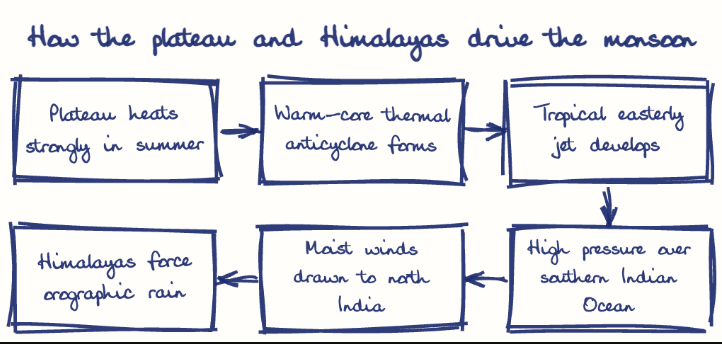 Hand-drawn diagram: How the plateau and Himalayas drive the monsoon. How the plateau and Himalayas drive the monsoon. Flow: Plateau heats strongly in summer → Warm-core thermal anticyclone forms → Tropical easterly jet develops → High pressure over southern Indian Ocean → Moist winds drawn to north India → Himalayas force orographic rain