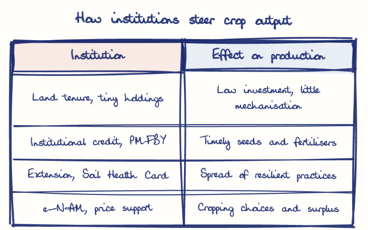 Hand-drawn diagram: How institutions steer crop output. How institutions steer crop output. Comparison of Institution and Effect on production