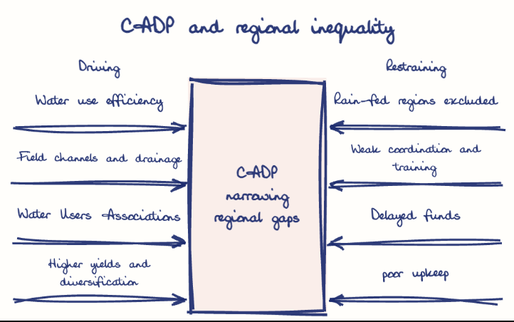 Hand-drawn diagram: CADP and regional inequality. CADP and regional inequality. Diagram (forcefield): CADP and regional inequality; CADP narrowing regional gaps; Water use efficiency; Field channels and drainage; Water Users Associations; Higher yields and diversification; Rain-fed regions excluded; Weak coordination and training; Delayed funds; poor upkeep; Local power dynamics