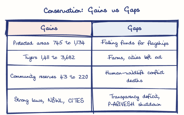 Hand-drawn diagram: Conservation: Gains vs Gaps. Conservation: Gains vs Gaps. Comparison of Gains and Gaps