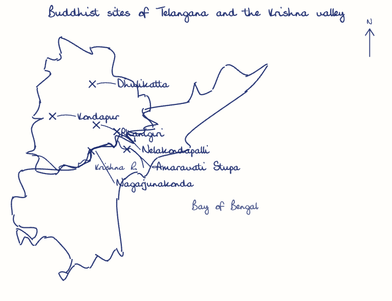 Hand-drawn map: Buddhist sites of Telangana and the Krishna valley. Marked: Dhulikatta, Kondapur, Phanigiri, Nelakondapalli, Nagarjunakonda, Amaravati Stupa. Rivers: Krishna.
