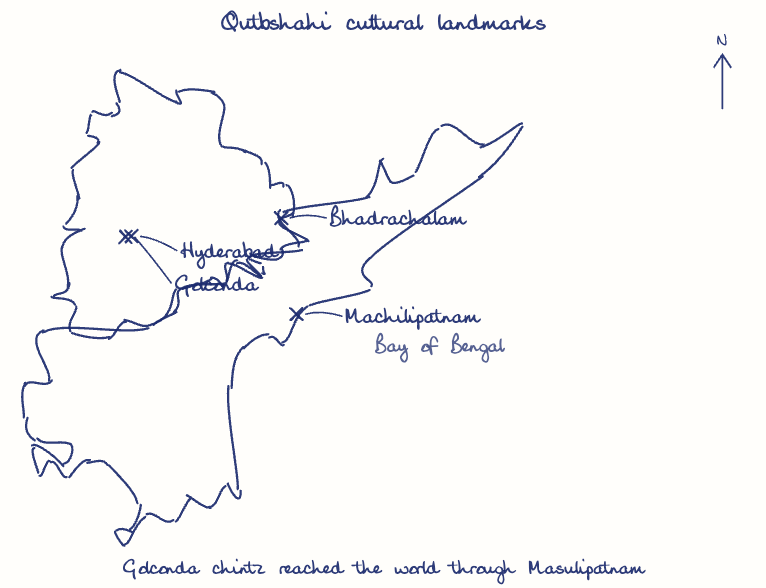 Hand-drawn map: Qutbshahi cultural landmarks. Marked: Golconda, Hyderabad, Bhadrachalam, Machilipatnam.