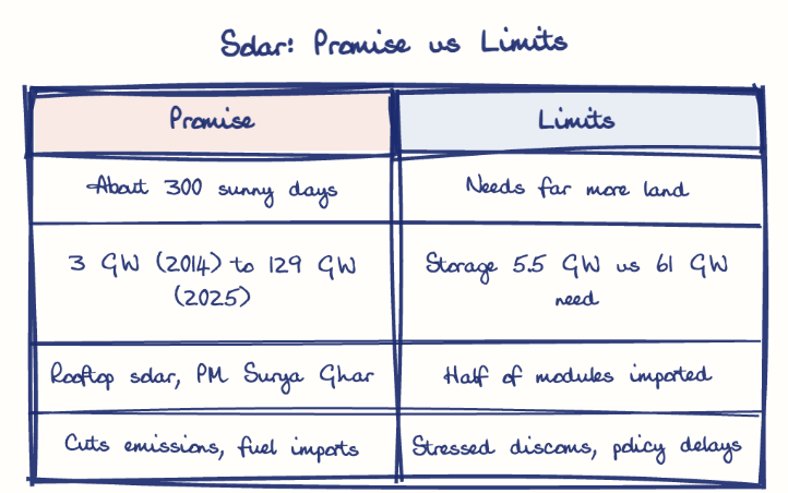 Hand-drawn diagram: Solar: Promise vs Limits. Solar: Promise vs Limits. Comparison of Promise and Limits