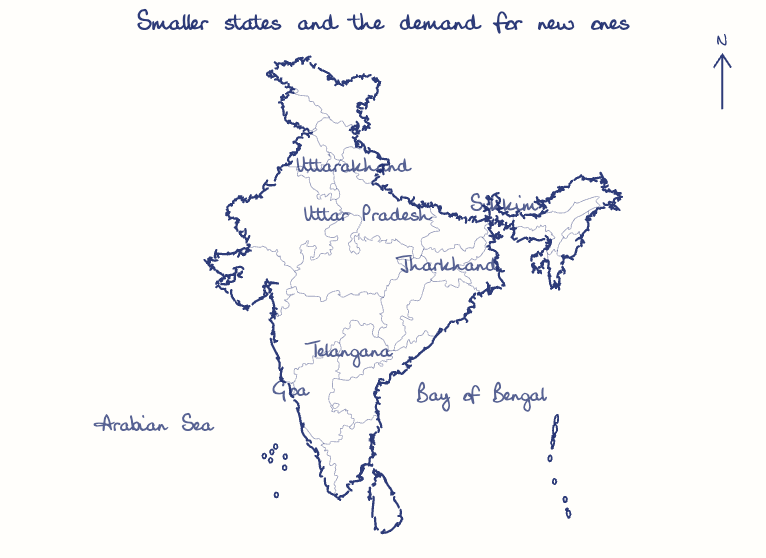 Hand-drawn map: Smaller states and the demand for new ones. Marked: .