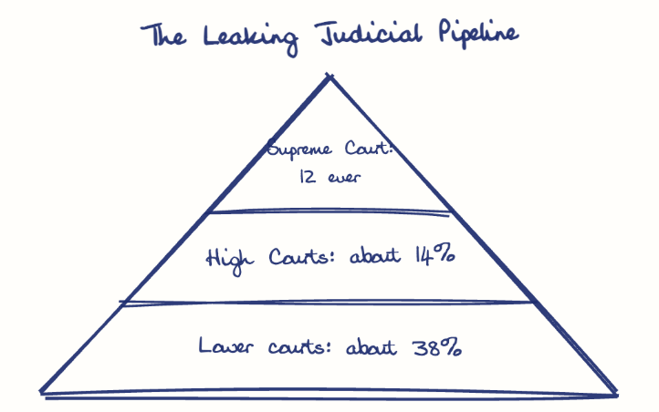 Hand-drawn diagram: The Leaking Judicial Pipeline. The Leaking Judicial Pipeline. Pyramid, top to bottom: Supreme Court: 12 ever, High Courts: about 14%, Lower courts: about 38%